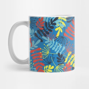 Leave Silhouettes blue, yellow, red on blue Mug